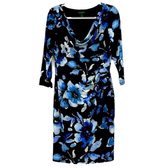 Lauren Ralph Lauren Black Blue Floral Old Money Draped Ruched Dress 12 - Picture 8 of 8